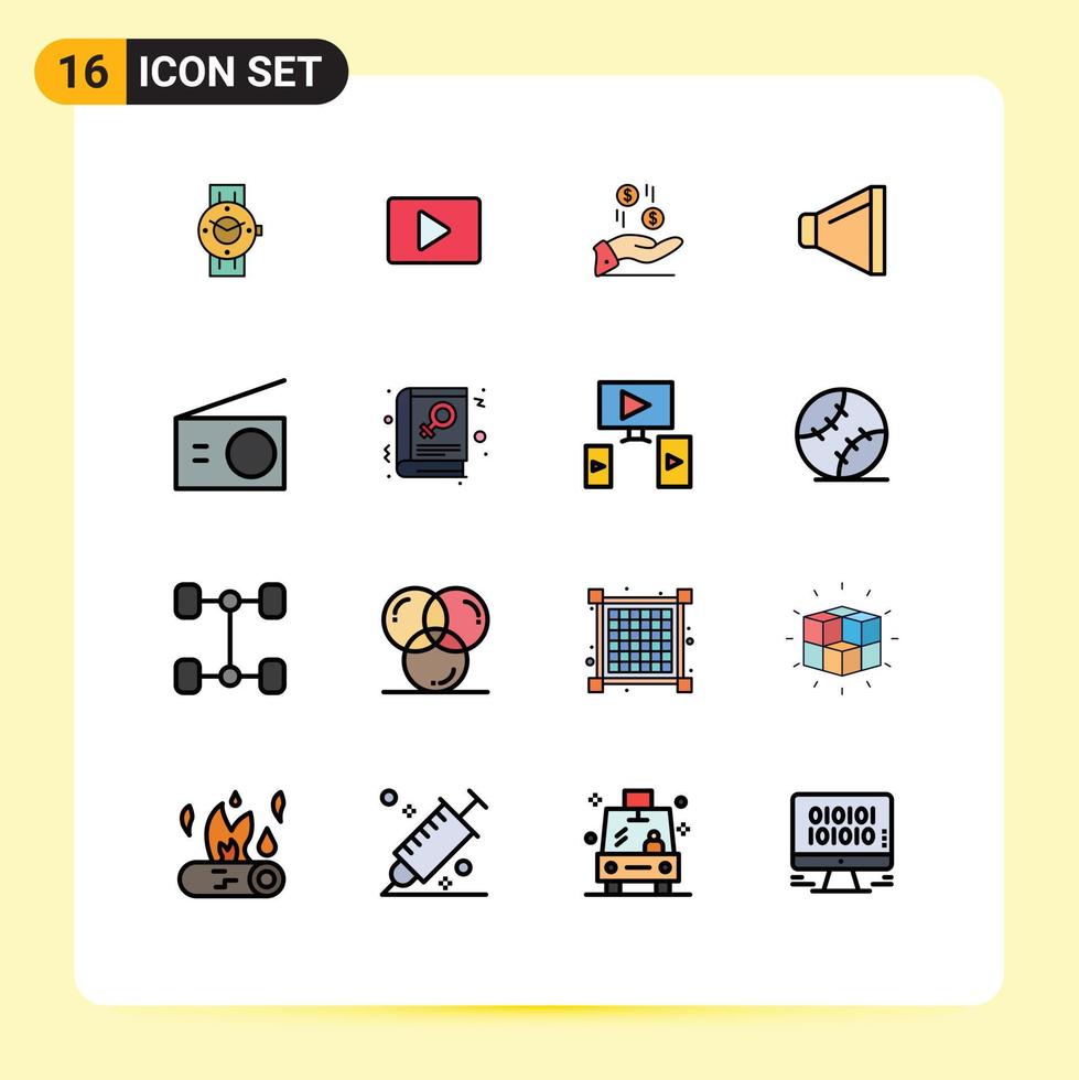16 sinais de linha preenchidos de cores planas universais símbolos de aparelhos alto-falante player moeda de som editável elementos de design de vetores criativos