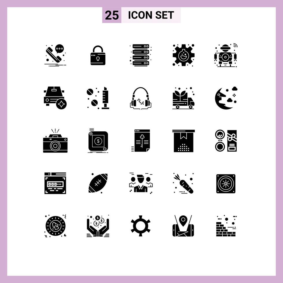 pacote de interface do usuário de 25 glifos sólidos básicos de robô inteligente que hospeda elementos de design de vetores editáveis de equipamentos futuros