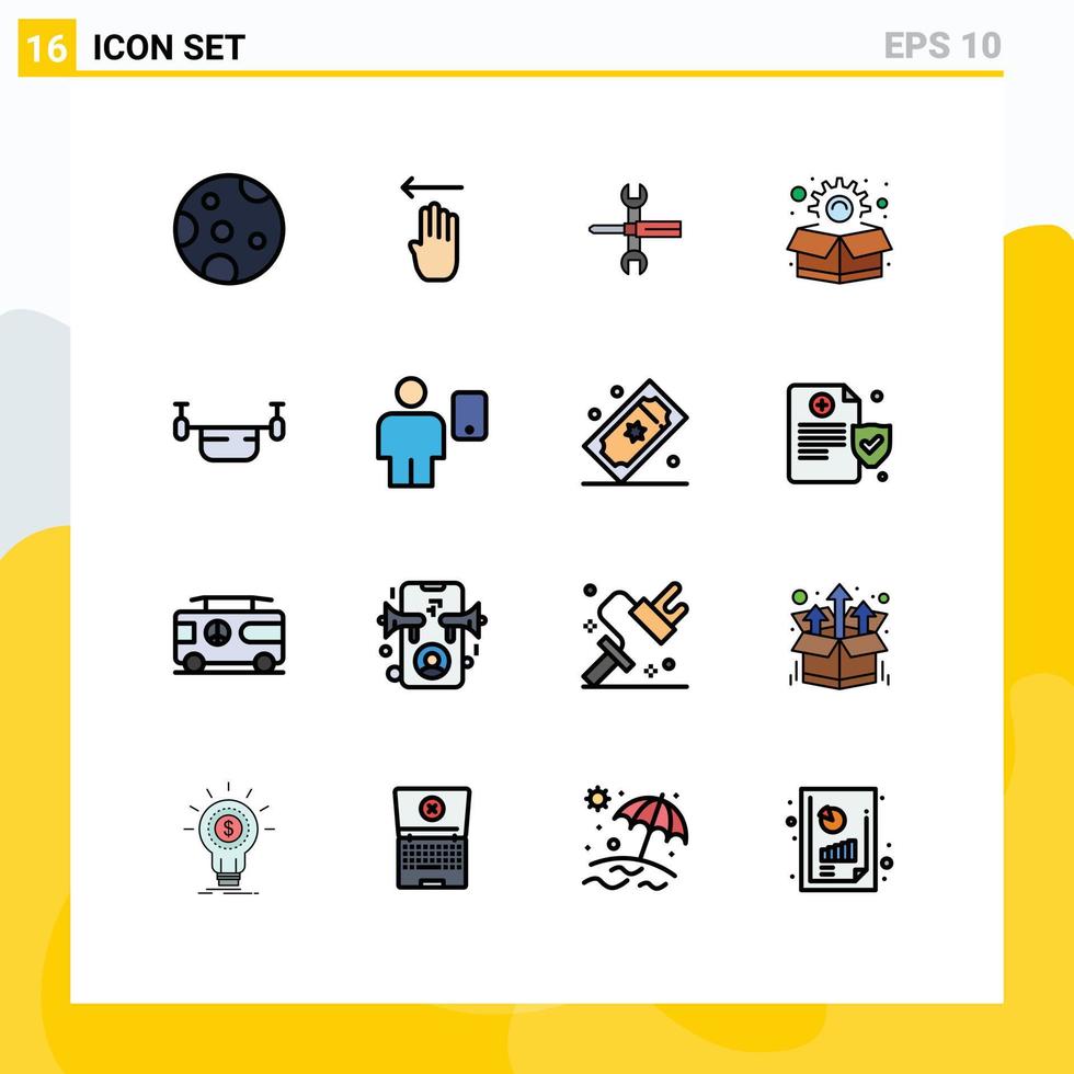 conjunto de pictogramas de 16 linhas simples preenchidas de cores planas de controles de caixa de drone chave de pacote editável elementos de design de vetor criativo