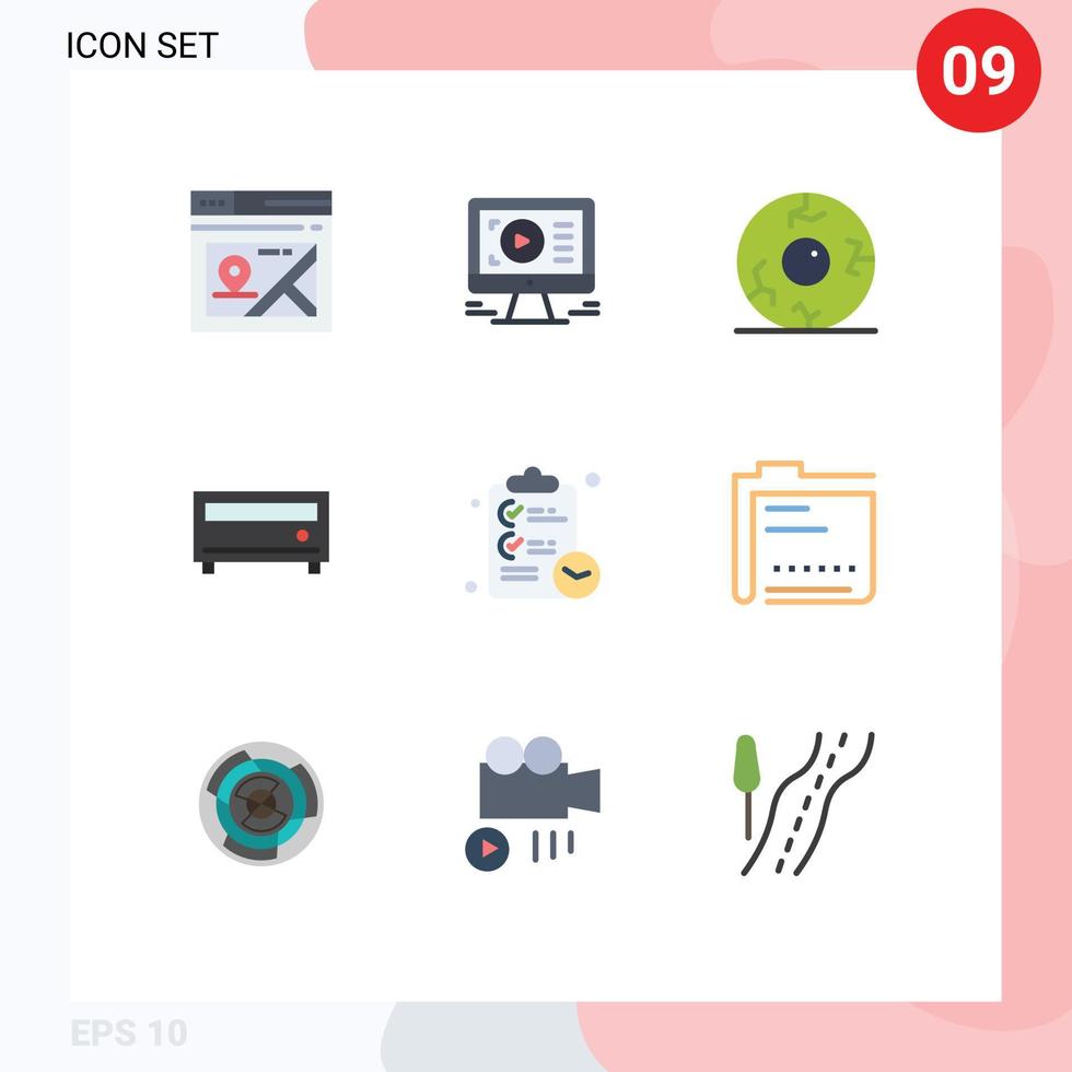 conjunto moderno de pictograma de 9 cores planas de lista de verificação de tarefas, amplificador de jogador de olho, elementos de design de vetores editáveis