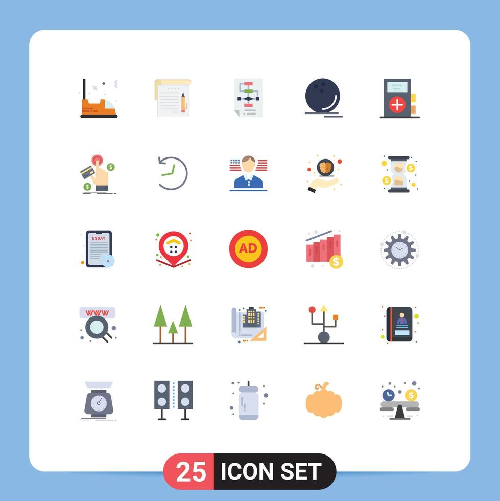 Conceito de 25 cores planas para sites móveis e aplicativos, jogo de bola, educação, processo de boliche, elementos de design vetorial editáveis vetor