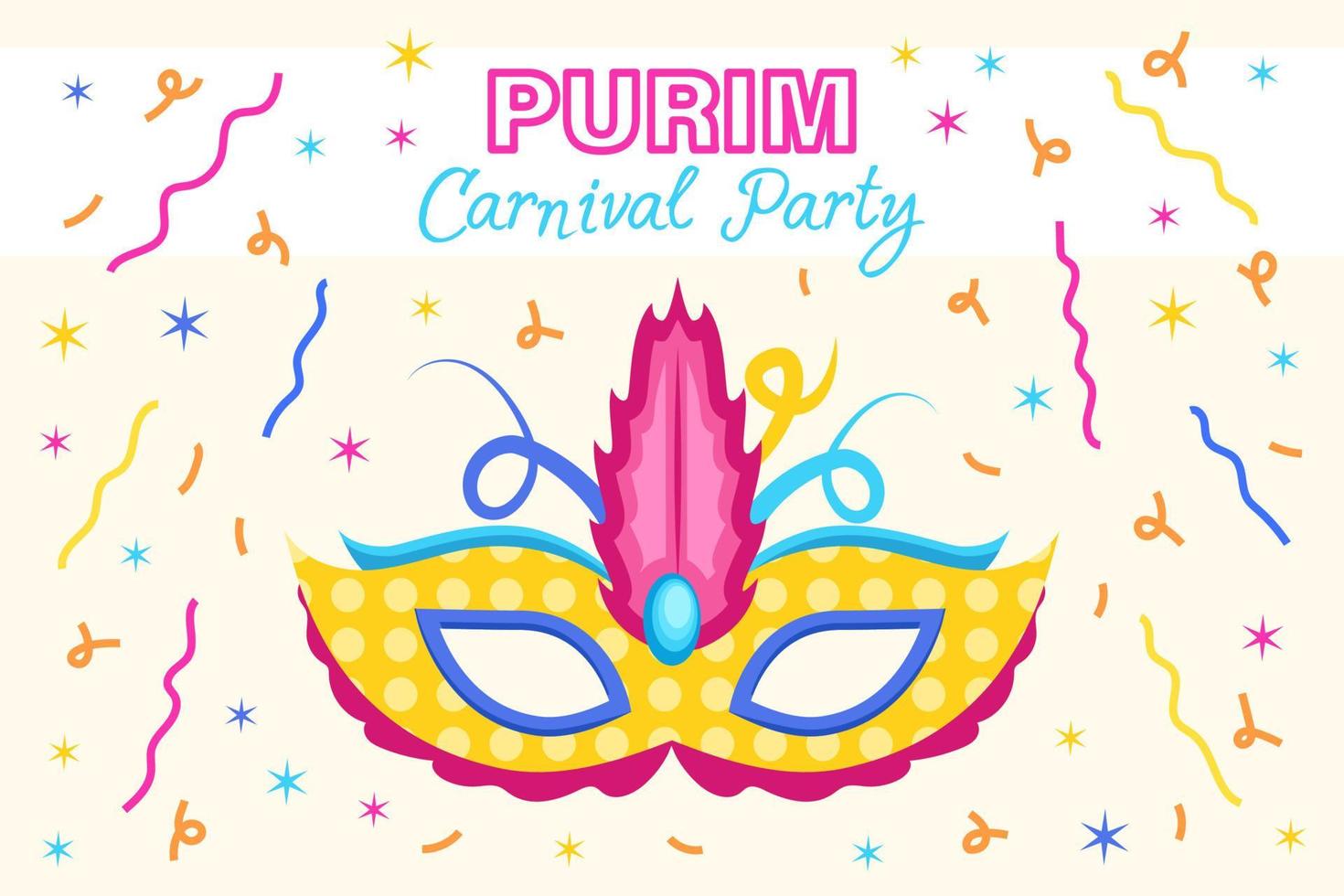 máscara de carnaval de feriado purim com confete no fundo, banner de festa de carnaval, saudação de convite, cartaz de festa vetorial. vetor