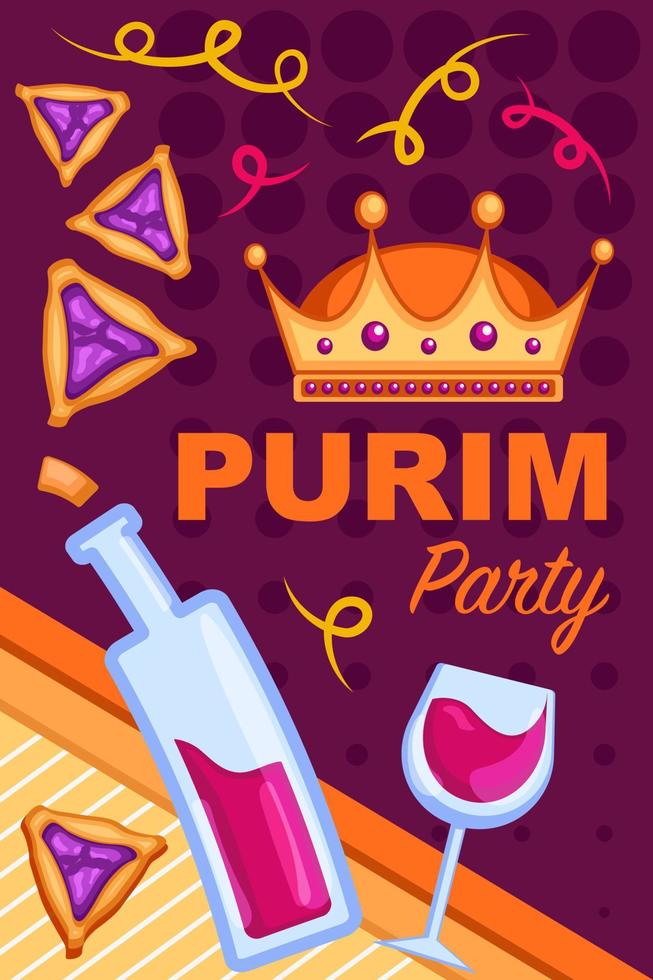 feliz cartaz de festa do dia de purim, convite, saudação para a celebração tradicional judaica em março. arte vetorial, ilustração com símbolos tradicionais de hamantaschen, vinho e coroa de férias. vetor