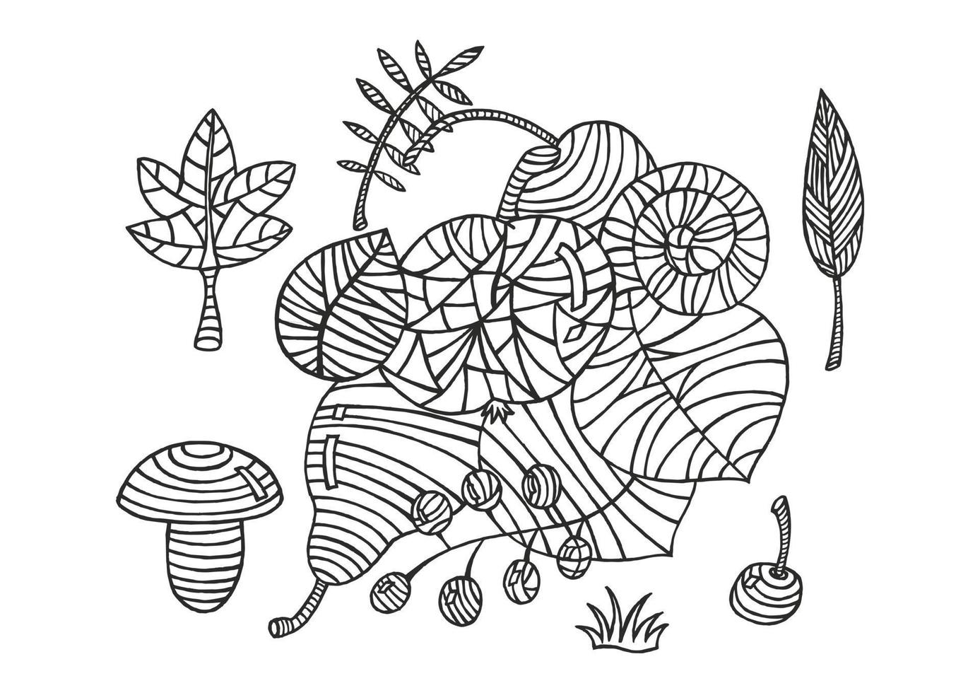 rabisco de natureza com lindas bagas, folhas, maçã, cogumelo, pera na ilustração de desenho de mão branca. vetor