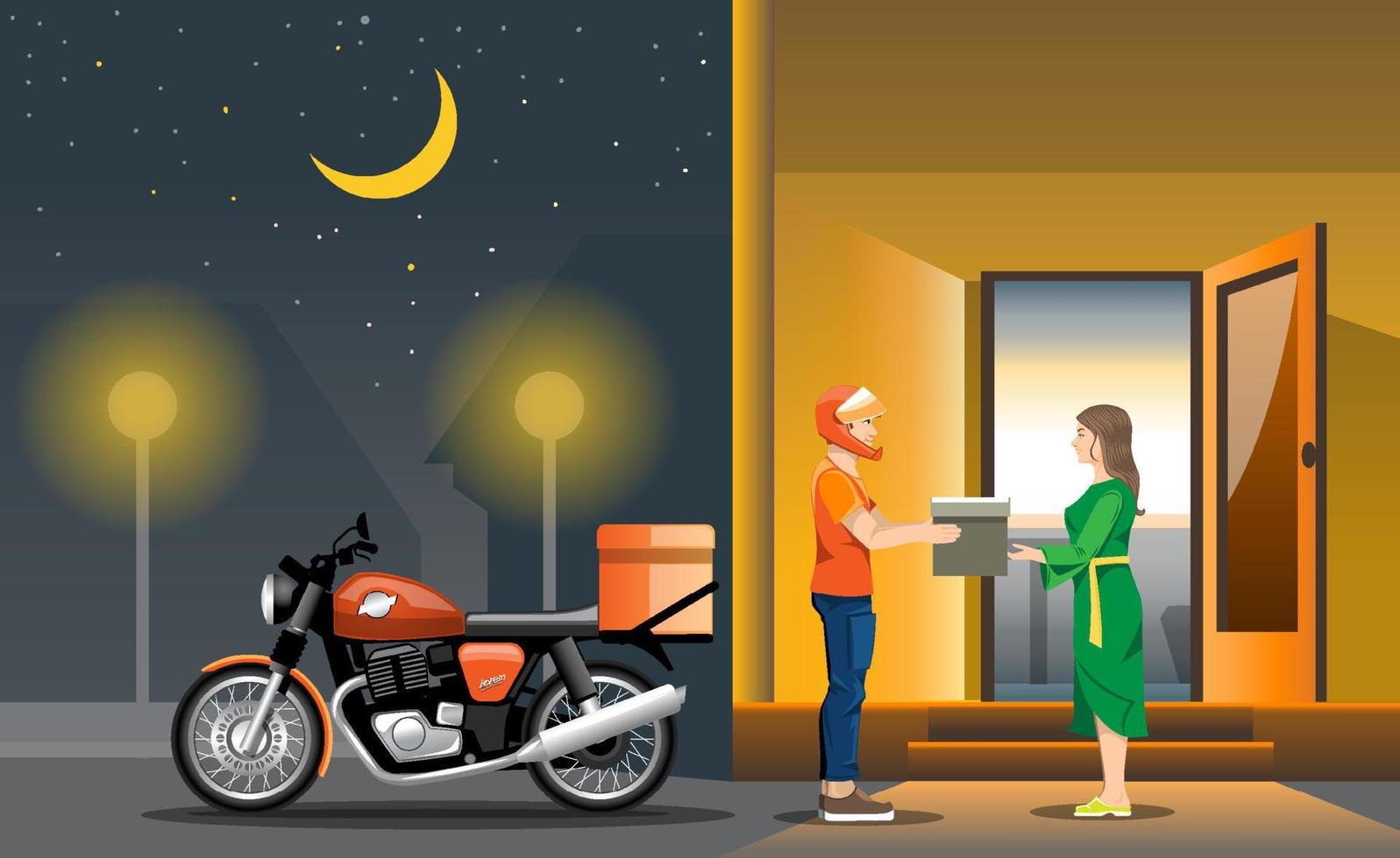 ilustração com uma moto na rua à noite e um entregador dando um pedido para uma garota. vetor