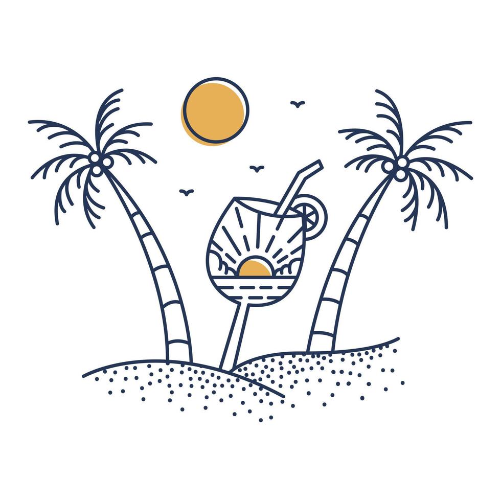 relaxe com bebida de coquetel na ilustração monoline de férias de verão de praia para vestuário vetor