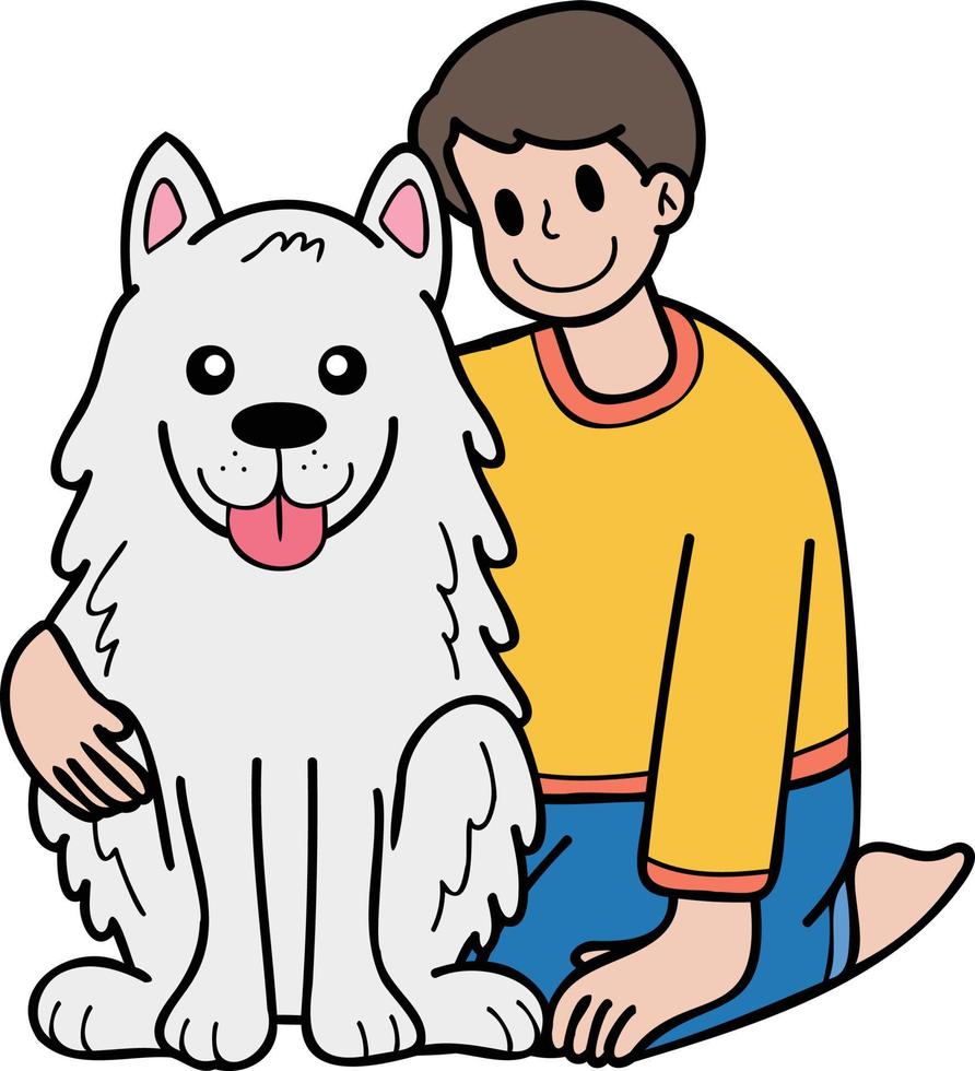 proprietário desenhado à mão abraça ilustração de cachorro samoiedo em estilo doodle vetor
