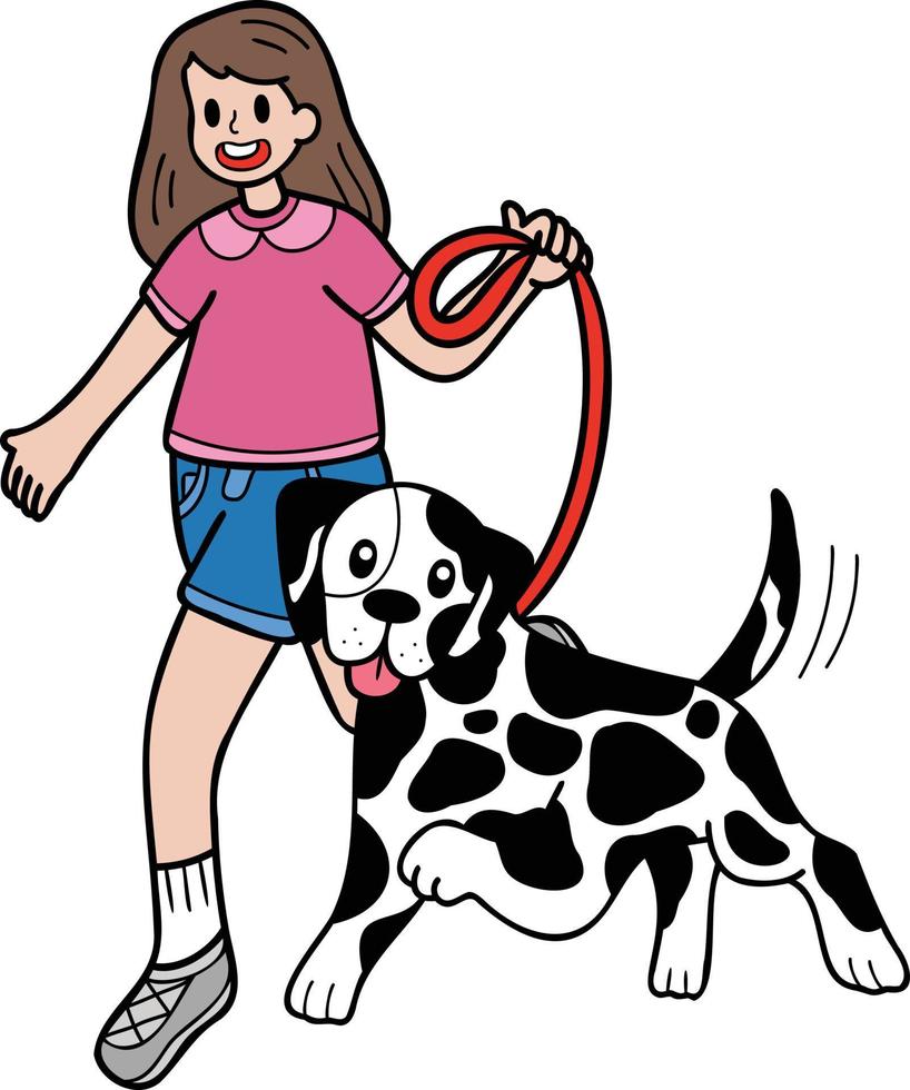 cachorro dálmata desenhado à mão andando com ilustração do proprietário no estilo doodle vetor