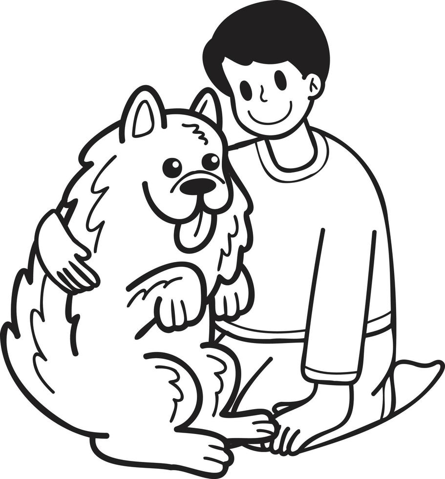 proprietário desenhado à mão abraça ilustração de cachorro samoiedo em estilo doodle vetor