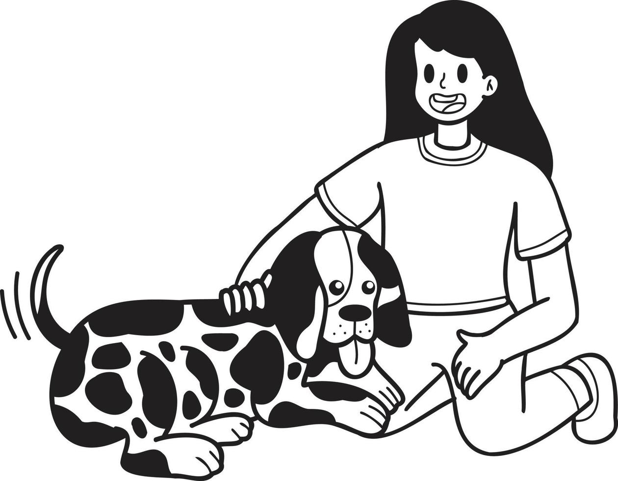 cão dálmata desenhado à mão abraçado pela ilustração do proprietário no estilo doodle vetor