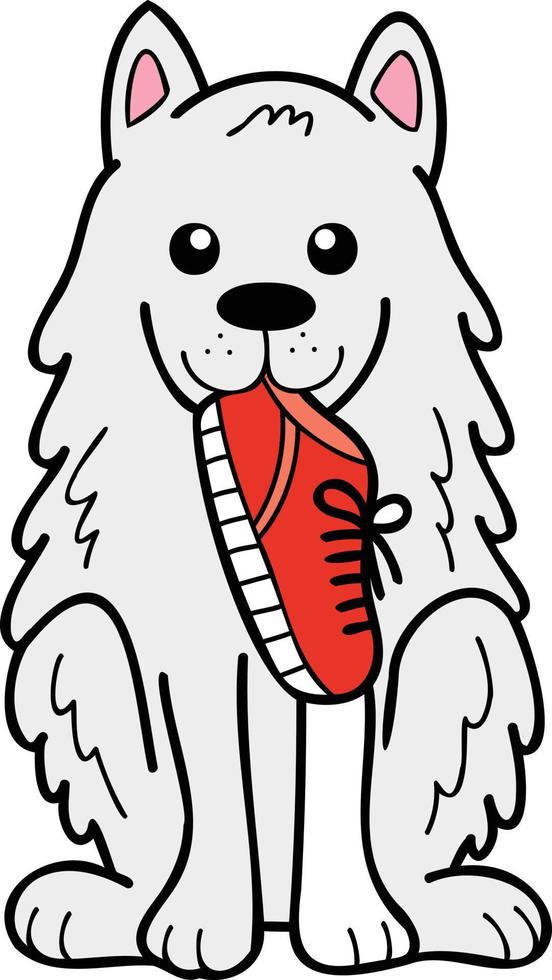 cão samoiedo desenhado à mão segurando ilustração de sapatos no estilo doodle vetor