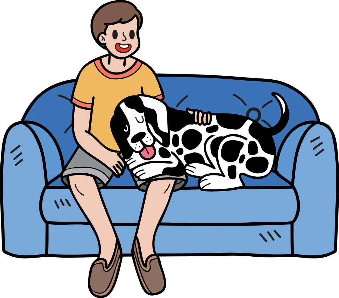 cão dálmata desenhado à mão com ilustração de proprietário e sofá em estilo doodle vetor