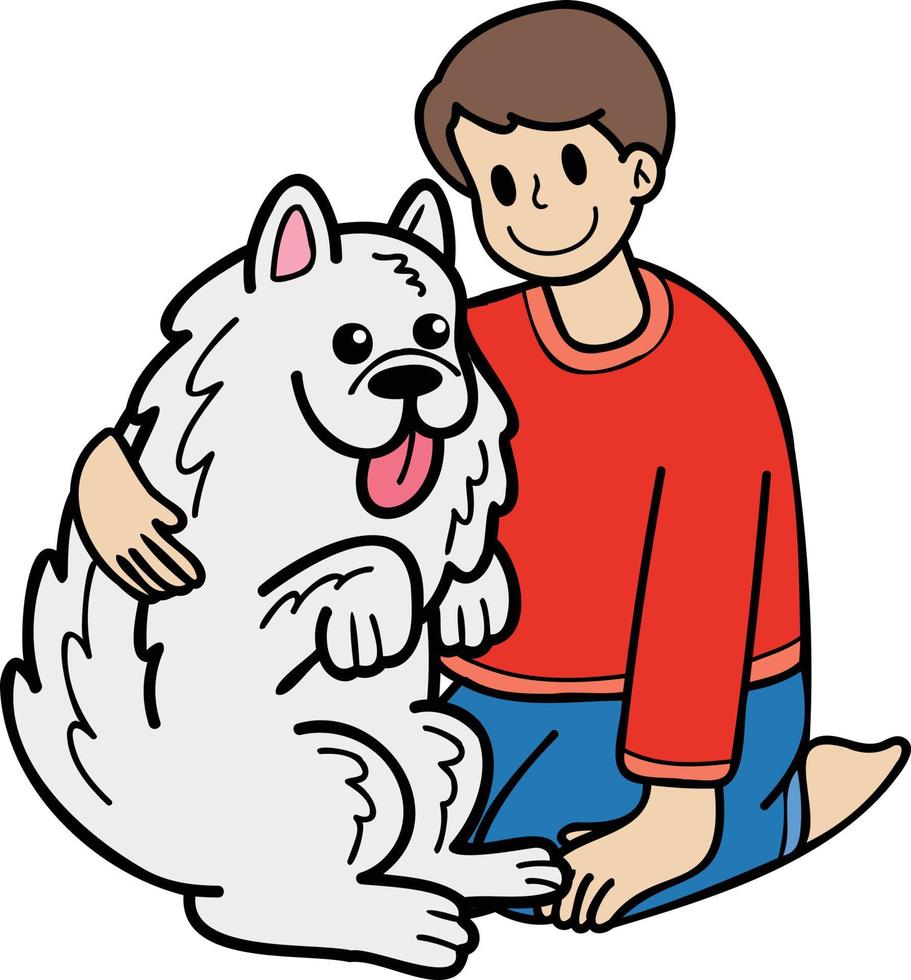 proprietário desenhado à mão abraça ilustração de cachorro samoiedo em estilo doodle vetor