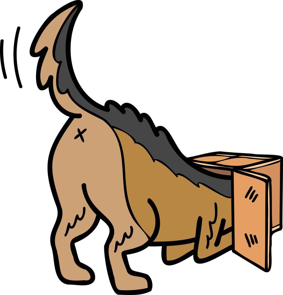 cão pastor alemão desenhado à mão brincando com ilustração de caixa no estilo doodle vetor
