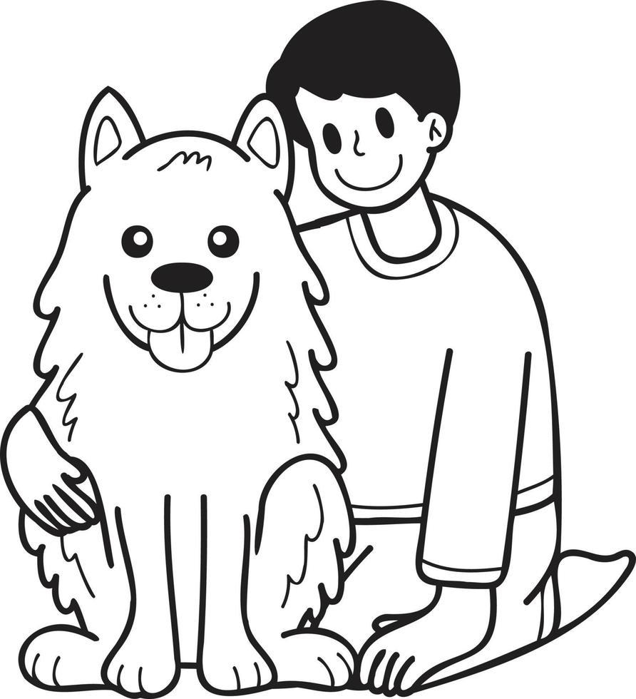 proprietário desenhado à mão abraça ilustração de cachorro samoiedo em estilo doodle vetor