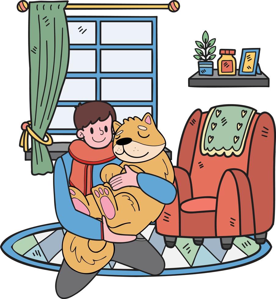 o dono e o cachorro desenhados à mão estão dormindo na ilustração do quarto no estilo doodle vetor