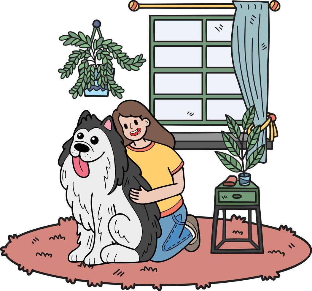 mão desenhada o dono abraçou o cachorro na sala ilustração no estilo doodle vetor