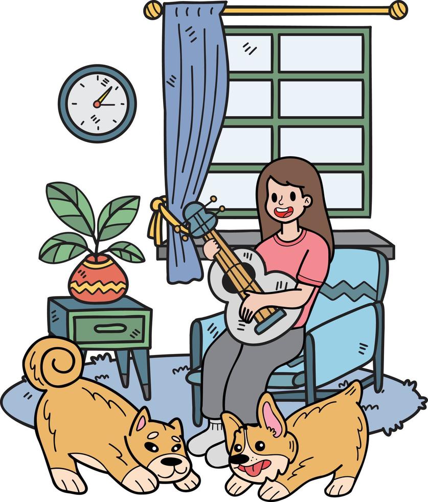 mão desenhada o proprietário toca violão com o cachorro na sala ilustração no estilo doodle vetor