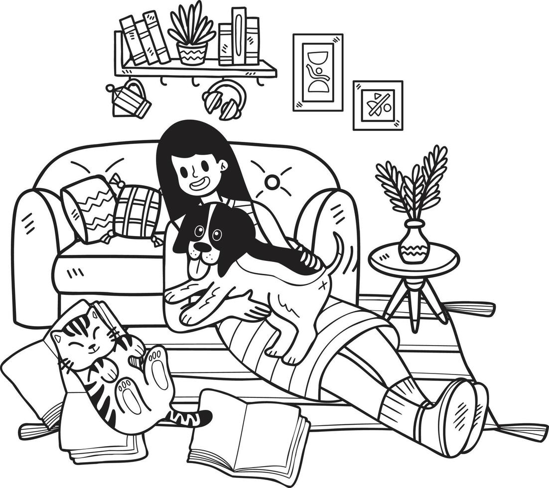mão desenhada o proprietário abraça o cachorro e o gato na ilustração da sala de estar no estilo doodle vetor