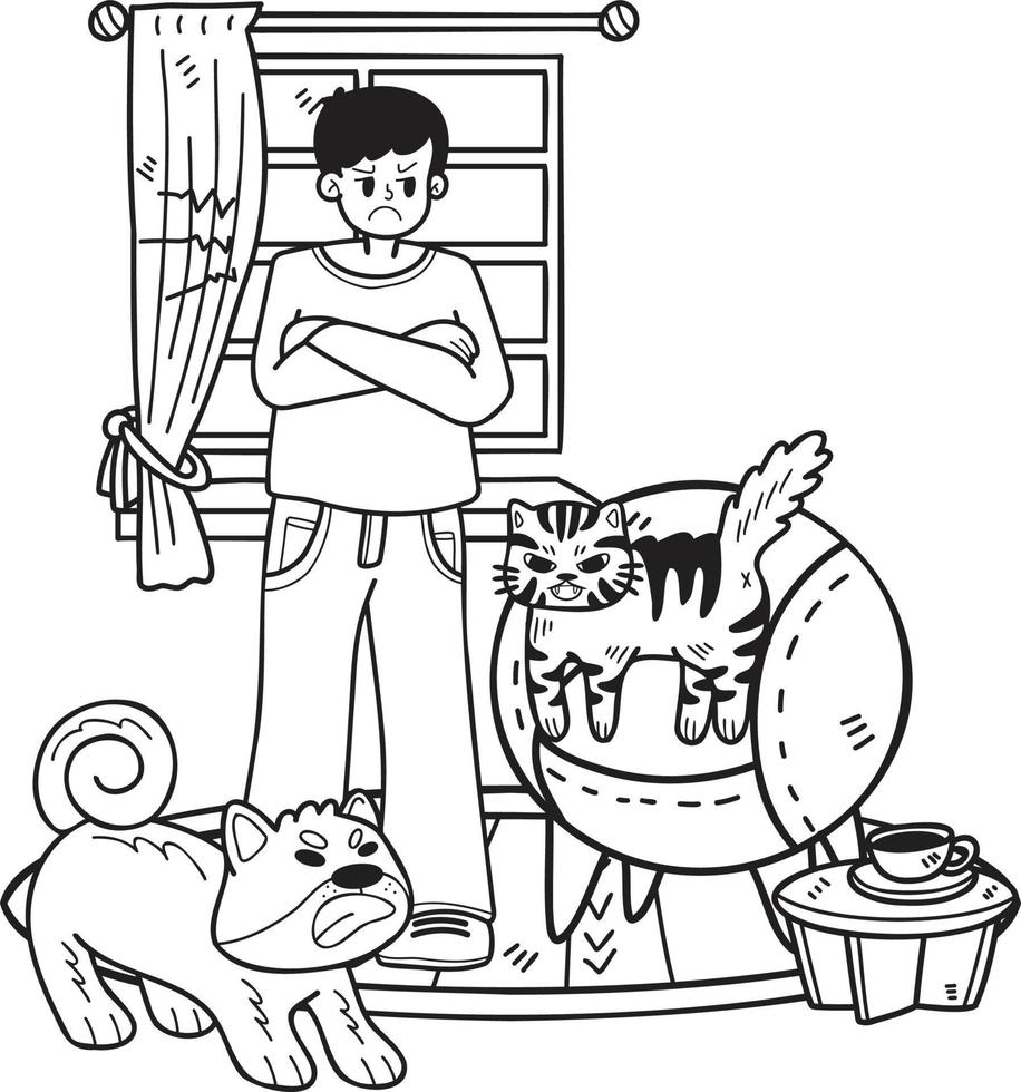 proprietário desenhado à mão zangado com cães malcriados e ilustração de gatos em estilo doodle vetor