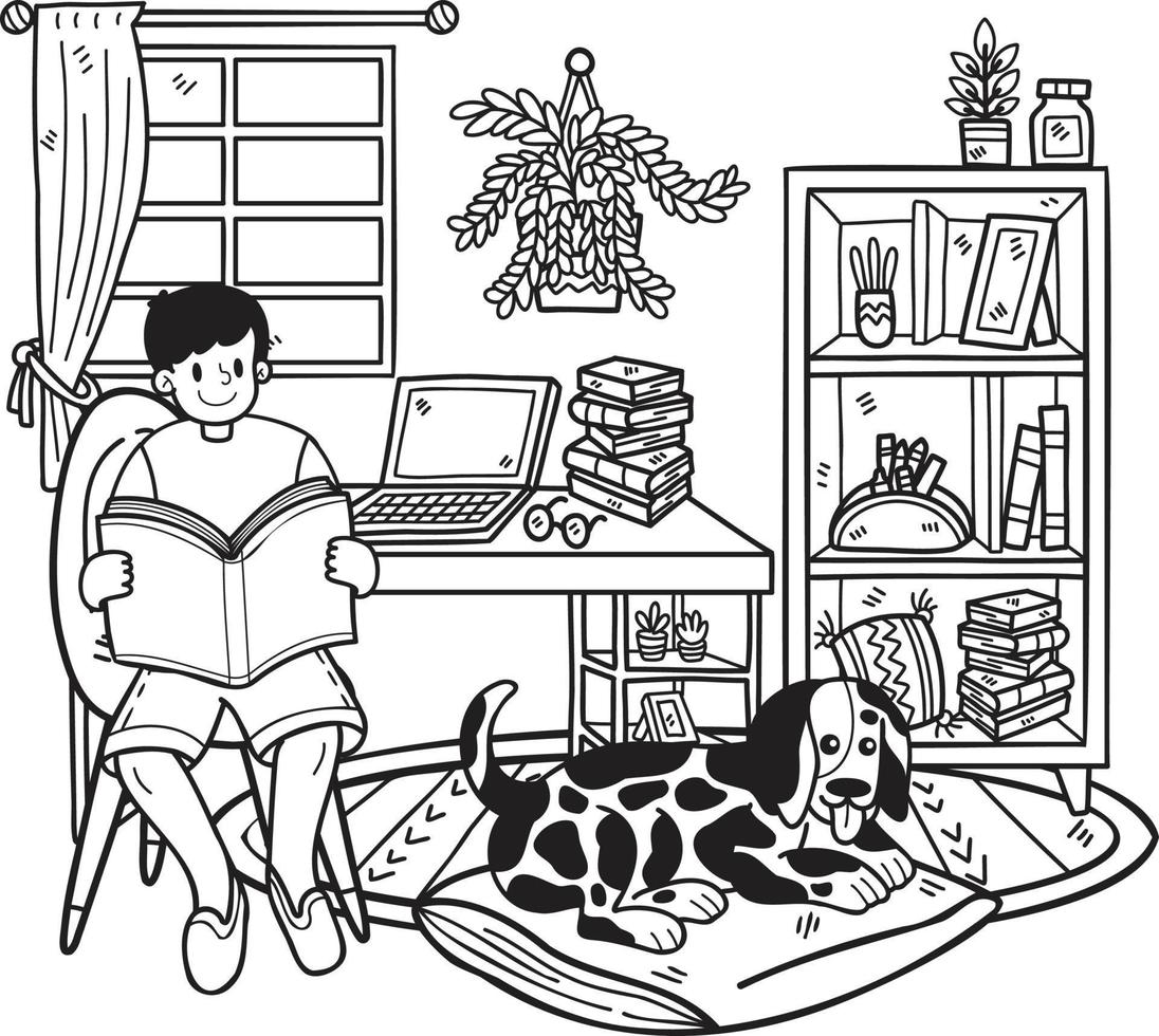 proprietário desenhado à mão lê um livro com o cachorro na ilustração da sala no estilo doodle vetor