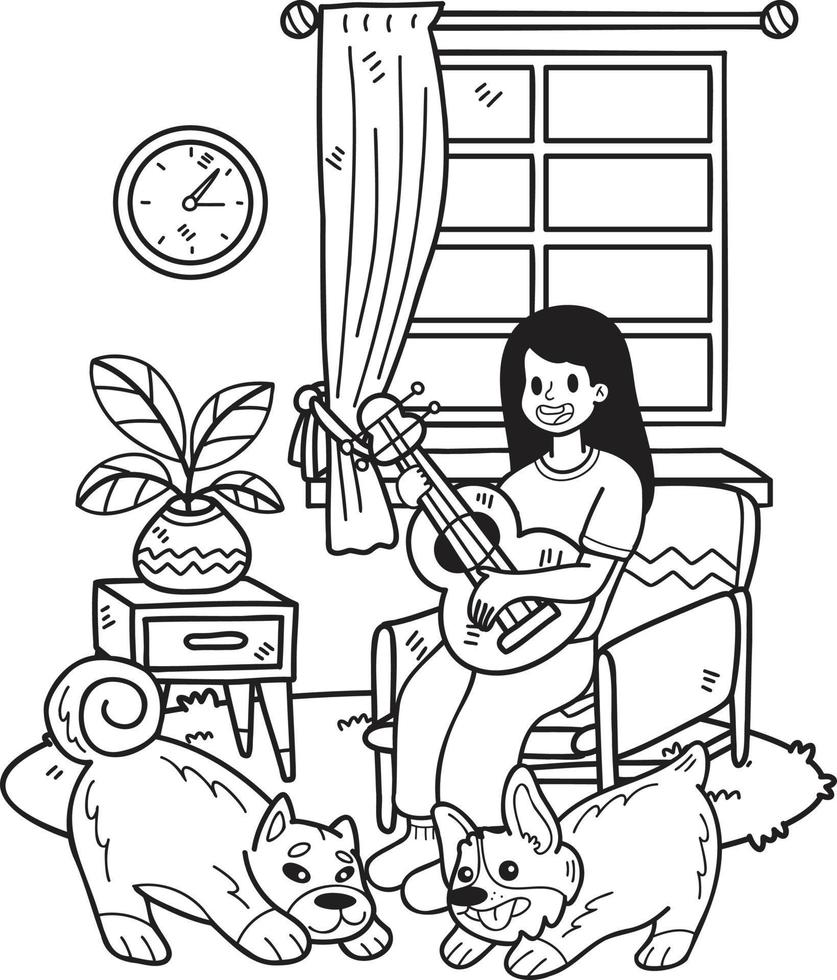 mão desenhada o proprietário toca violão com o cachorro na sala ilustração no estilo doodle vetor