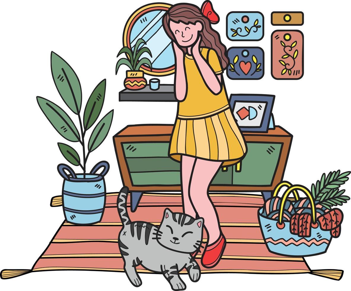 mão desenhada o gato implora seu dono na ilustração da sala de estar no estilo doodle vetor