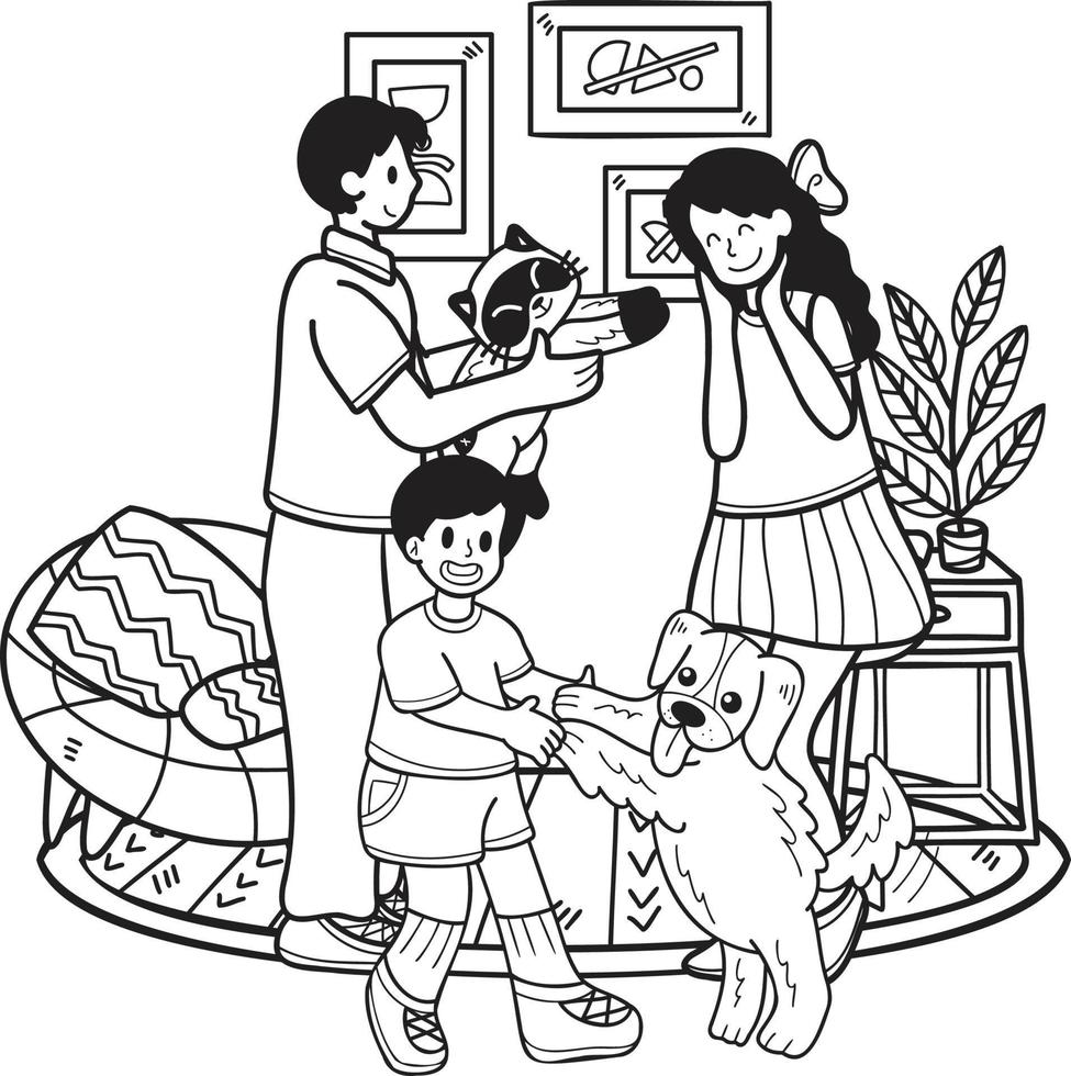 família desenhada à mão brincando com cachorro e gato na ilustração da sala de estar no estilo doodle vetor