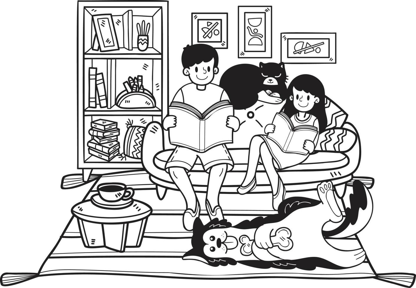 proprietário desenhado à mão lê um livro com o cachorro e o gato na ilustração da sala no estilo doodle vetor