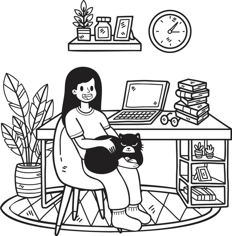 mão desenhada o proprietário senta e abraça o gato na ilustração do escritório em estilo doodle vetor
