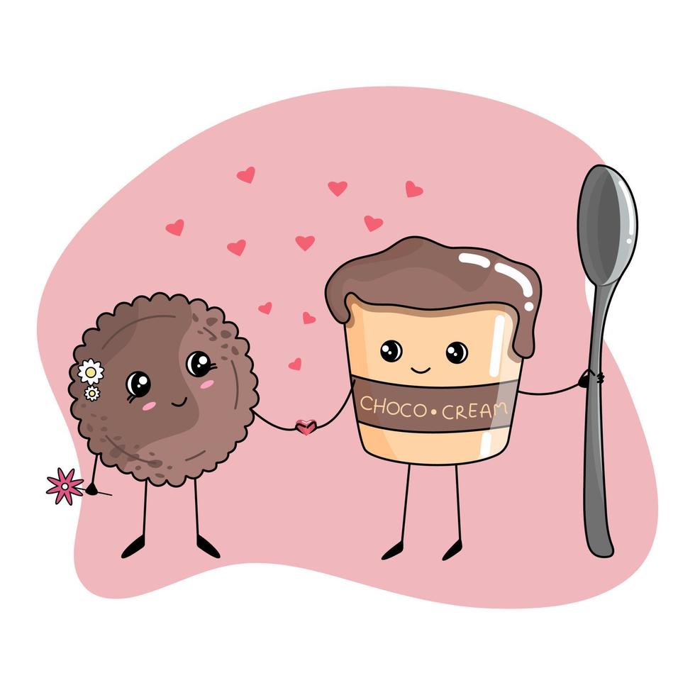 o casal romântico flat kawaii do biscoito e do creme de chocolate vetor