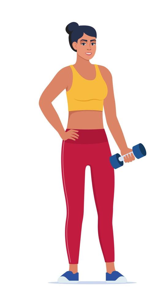 mulher vestida com roupas esportivas faz exercícios com halteres. ilustração vetorial. vetor