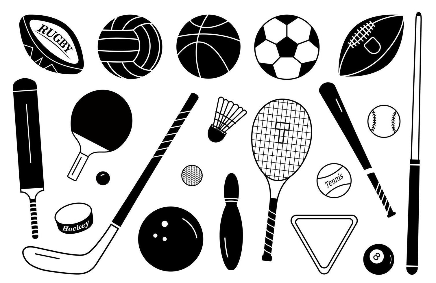 bolas de silhueta esportiva e conjunto de equipamentos. coleção de vetores em um estilo simples