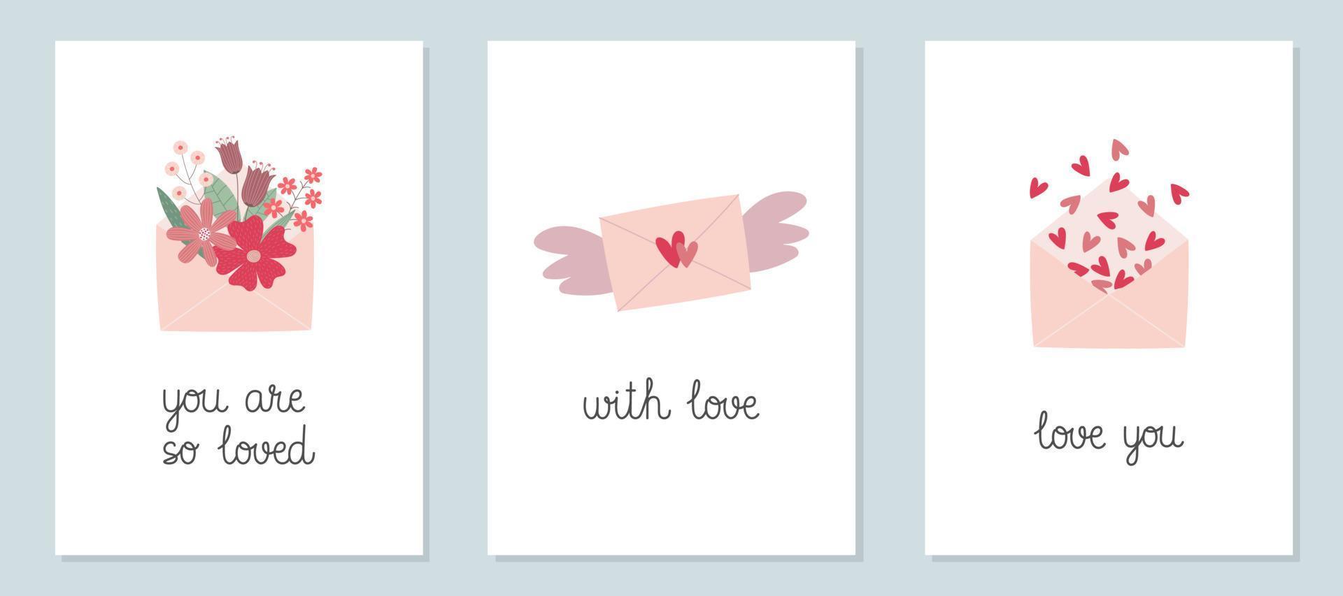 conjunto de cartões de dia dos namorados com envelopes desenhados à mão. modelo para cartão de felicitações, convite, pôster, banner, etiqueta de presente. vetor