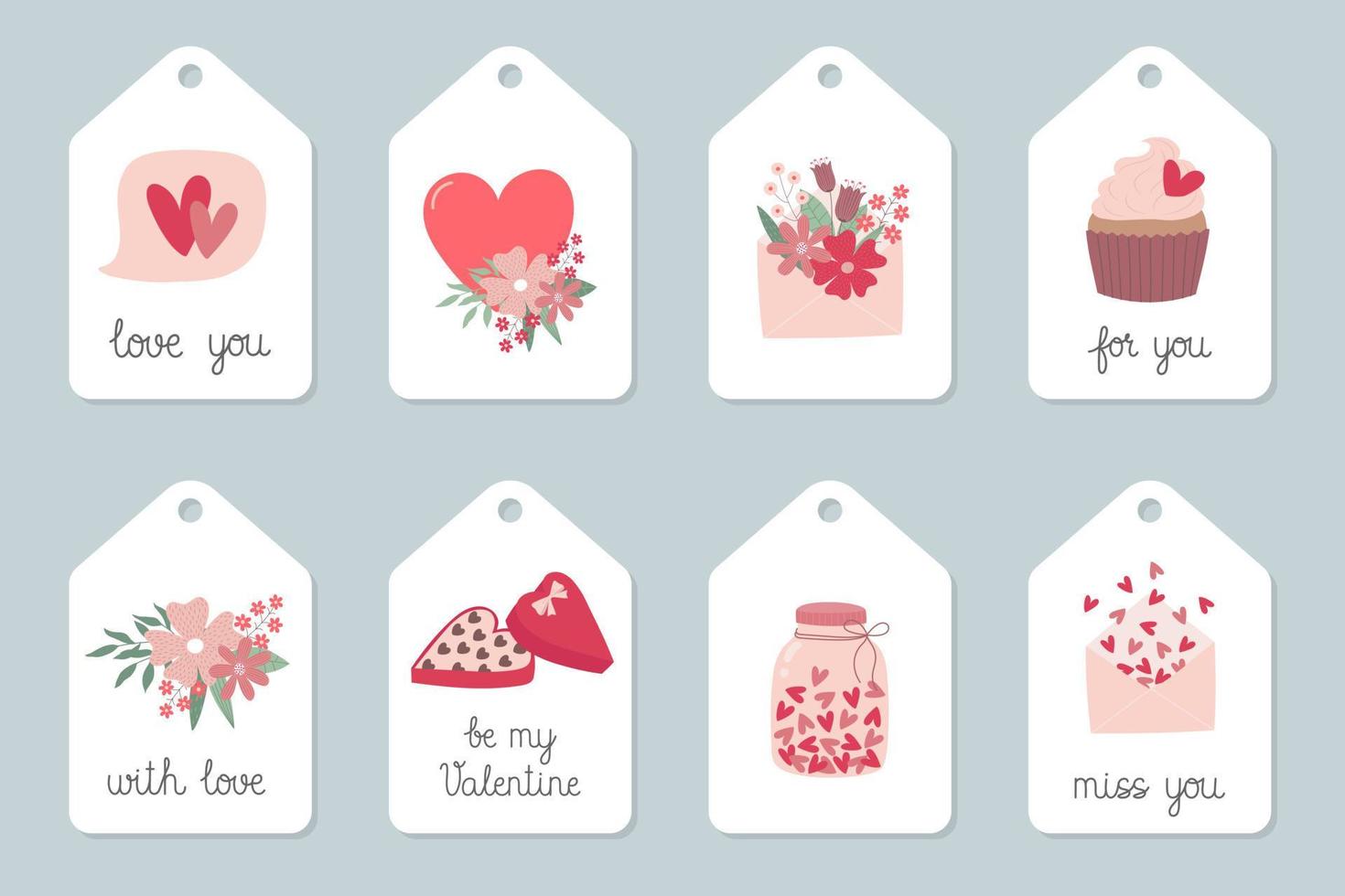 conjunto de etiquetas de presente de dia dos namorados com elementos fofos desenhados à mão. coleção de rótulo de feriado desenhado à mão em rosa, roxo e vermelho. vetor