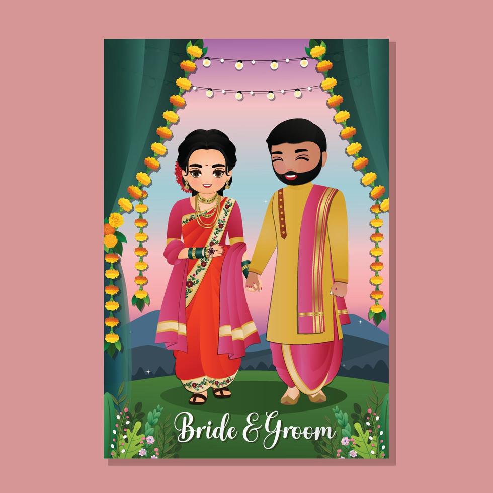 lindo casal hindu em personagem de desenho animado tradicional vestido indiano cartão de convite de casamento romântico vetor