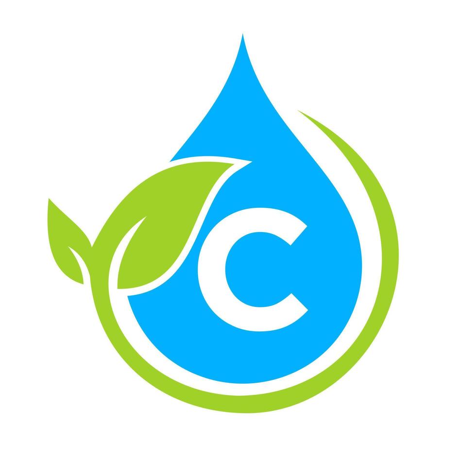 folha ecológica e logotipo de gota d'água no modelo de letra c vetor