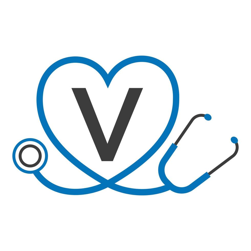 logotipo médico no modelo de letra v. logotipo de médicos com vetor de sinal de estetoscópio