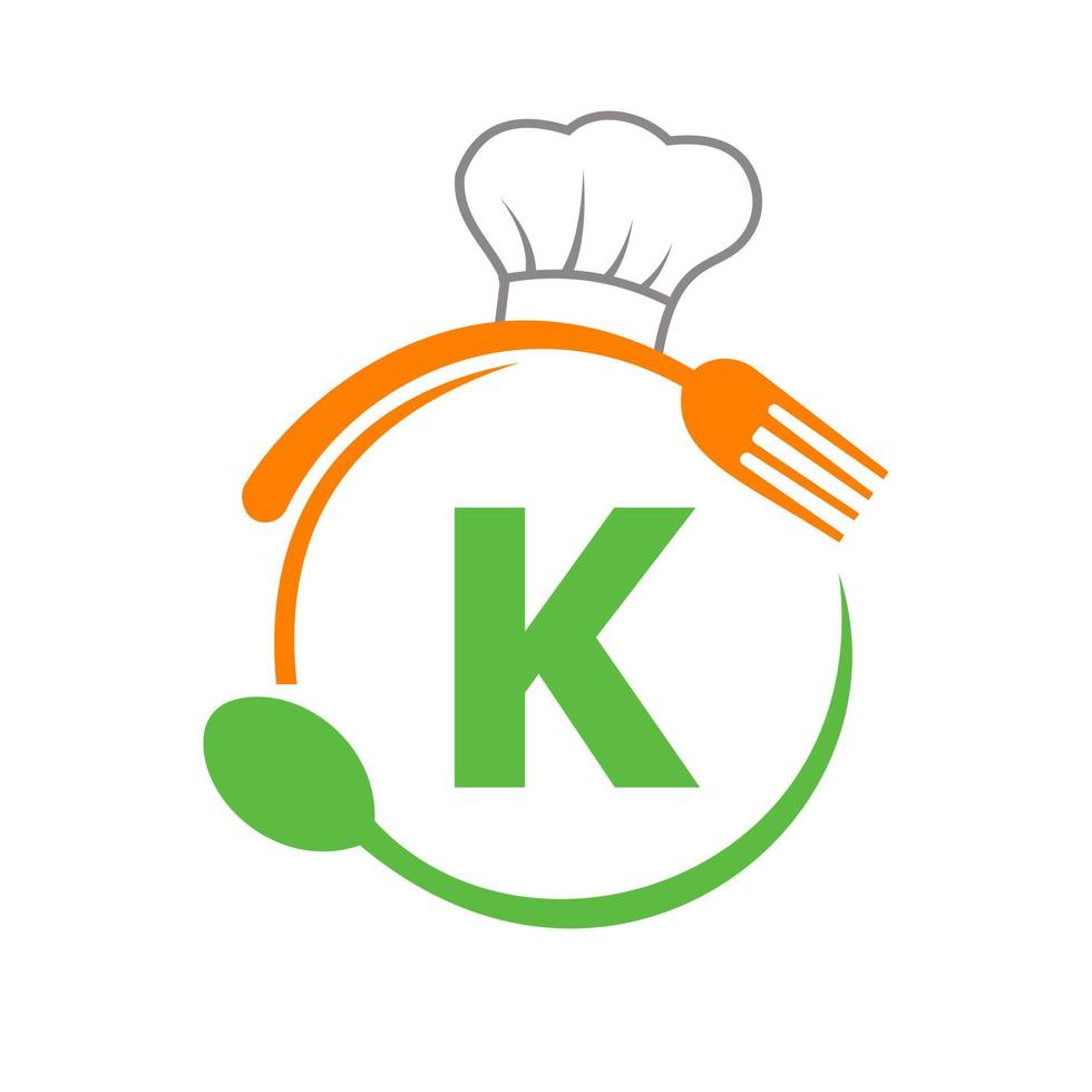 logotipo da letra k com chapéu de chef, colher e garfo para o logotipo do restaurante. logotipo do restaurante vetor