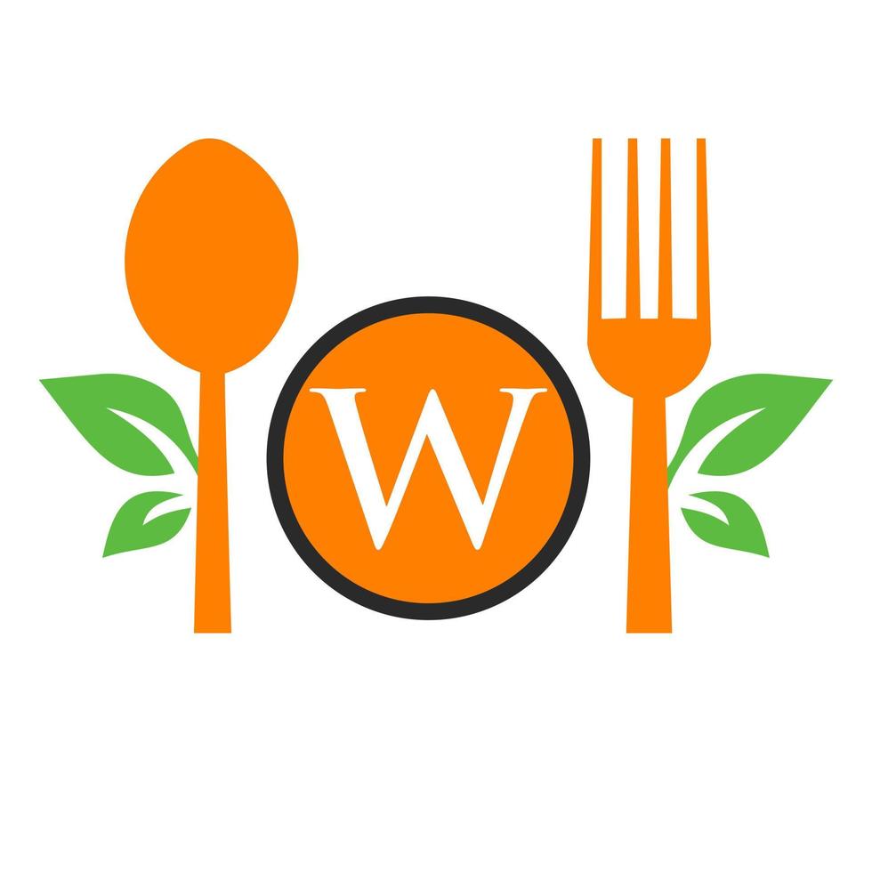logotipo do restaurante no modelo de letra w. colher e garfo, símbolo de folha para sinal de cozinha, ícone de café, restaurante, vetor de negócios de culinária