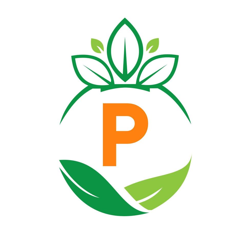 saúde de ecologia na letra p eco orgânico logotipo fresco, vegetais de fazenda de agricultura. modelo de comida vegetariana ecológica orgânica saudável vetor