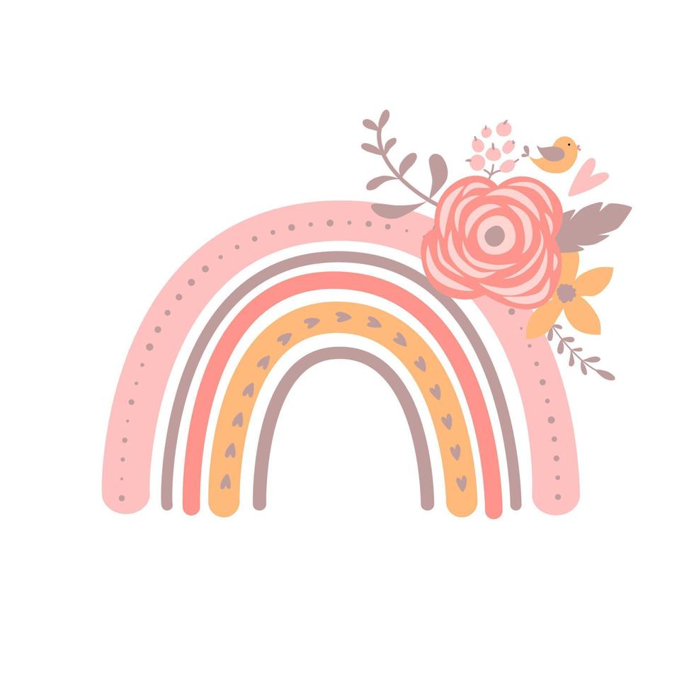 arco-íris floral. arco-íris de bebê simples e rosa fofo em desenho animado boho elemento gráfico de crianças modernas para convite de chá de bebê, decoração de festa de aniversário infantil, pôster floral imprimível. ilustração vetorial. vetor