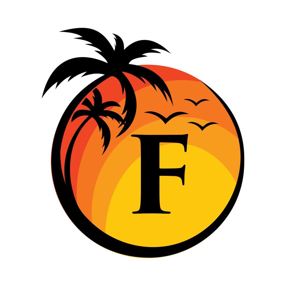 logotipo da praia no sinal vetorial da letra f. férias de verão no logotipo de praia tropical vetor