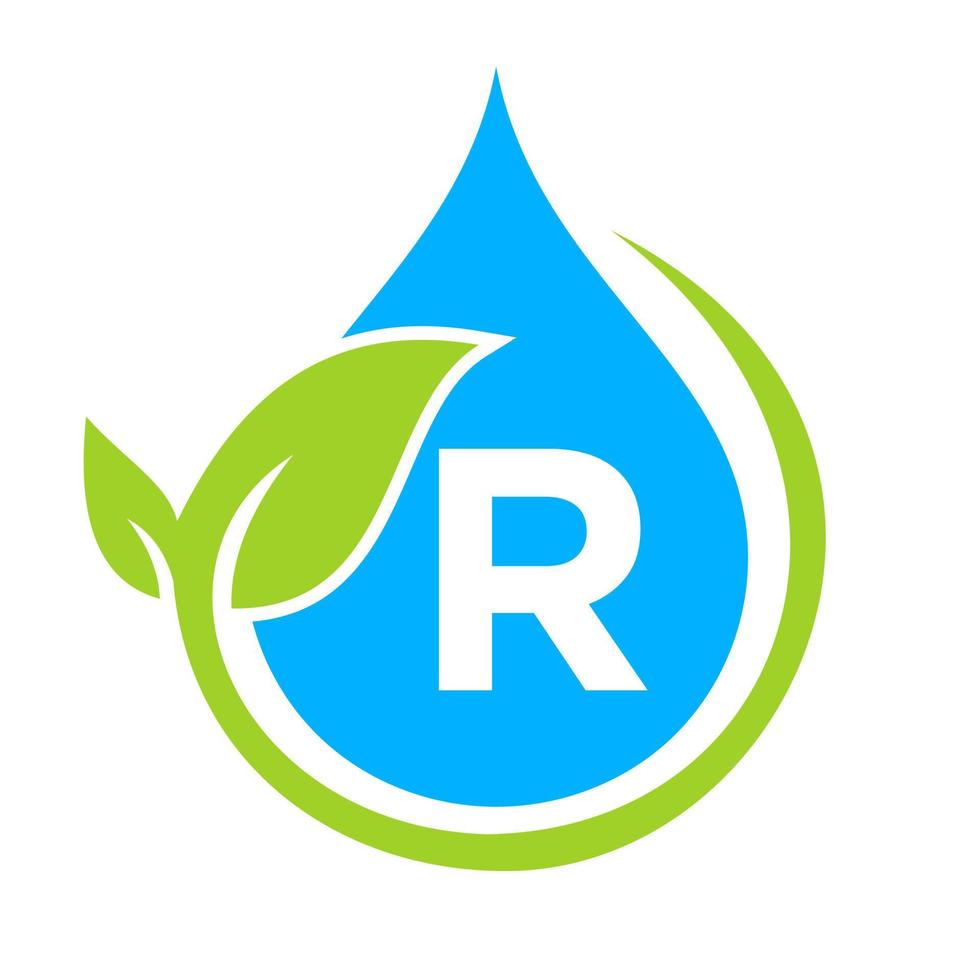 folha ecológica e logotipo de gota d'água no modelo de letra r vetor