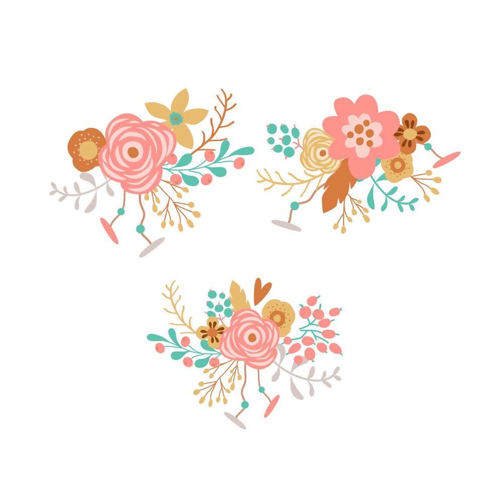 flores rosa boho definem elementos gráficos isolados. buquê floral boêmio desenhado à mão. rosas cor de rosa, vegetação de ramo, folhas, bagas. ilustração em vetor casamento boêmio. coleção de flores cor de rosa.