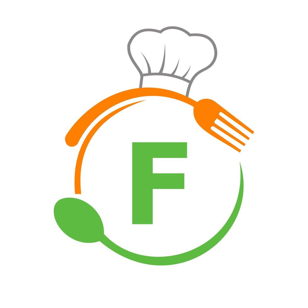 logotipo da letra f com chapéu de chef, colher e garfo para o logotipo do restaurante. logotipo do restaurante vetor
