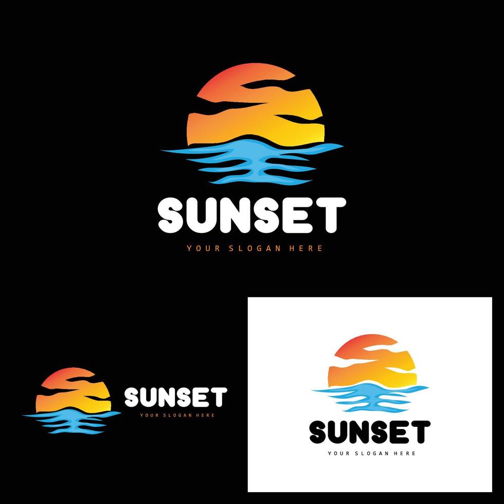 logotipo do pôr do sol, design de praia, ilustração de rio e sol, vetor aproveitando o crepúsculo