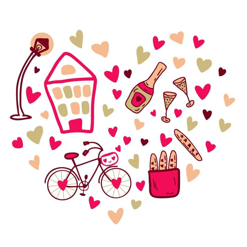 padrão em forma de coração desenhado à mão para dia dos namorados com champanhe e bicicleta. vetor