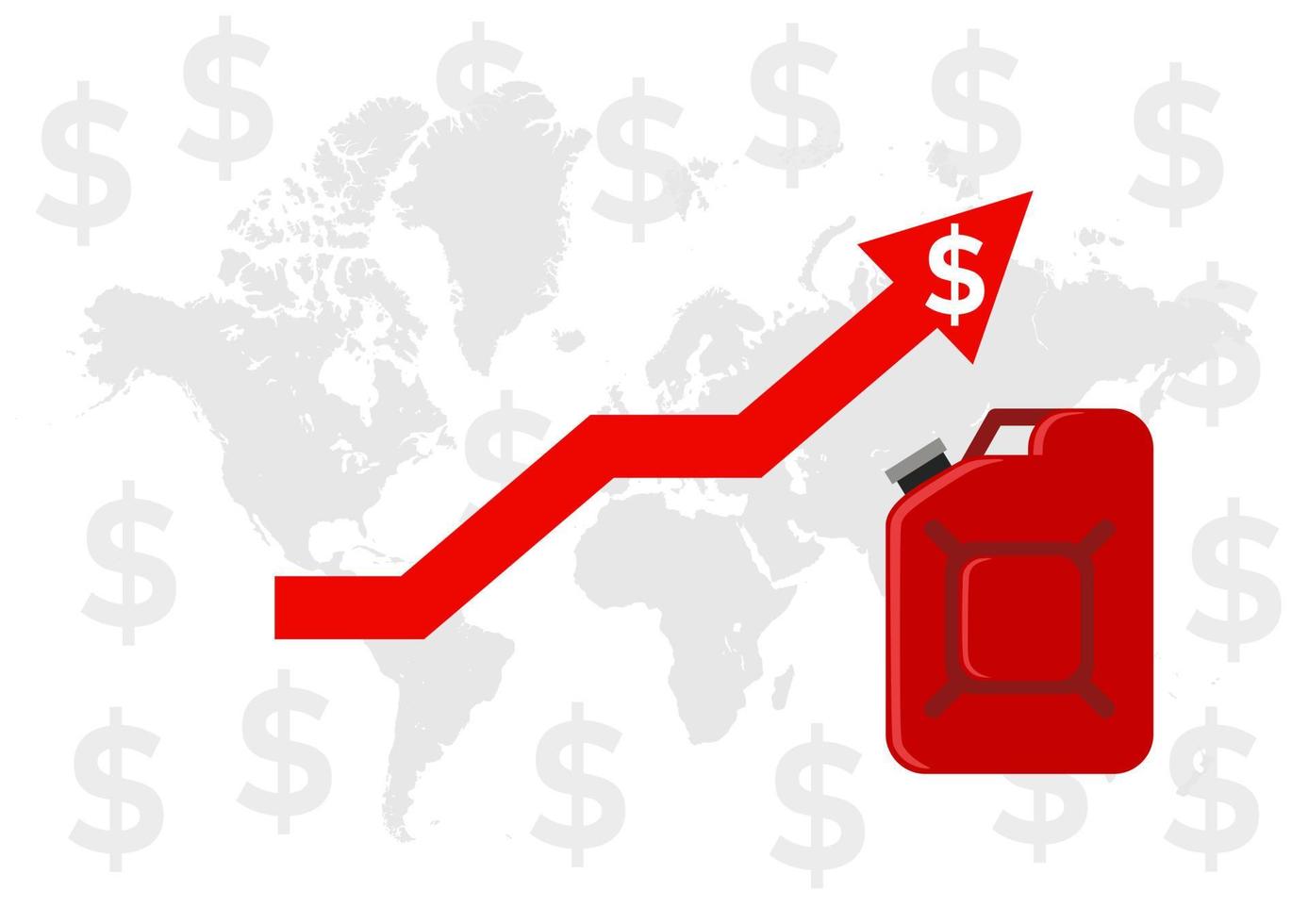 a crise do petróleo e dos combustíveis. cara escassez de petróleo a volatilidade dos preços do petróleo bruto no mundo. ilustração vetorial de guerras de boicote de mercado. mapa mundial. lata de combustível. seta vermelha subindo. vasilha vermelha. vetor