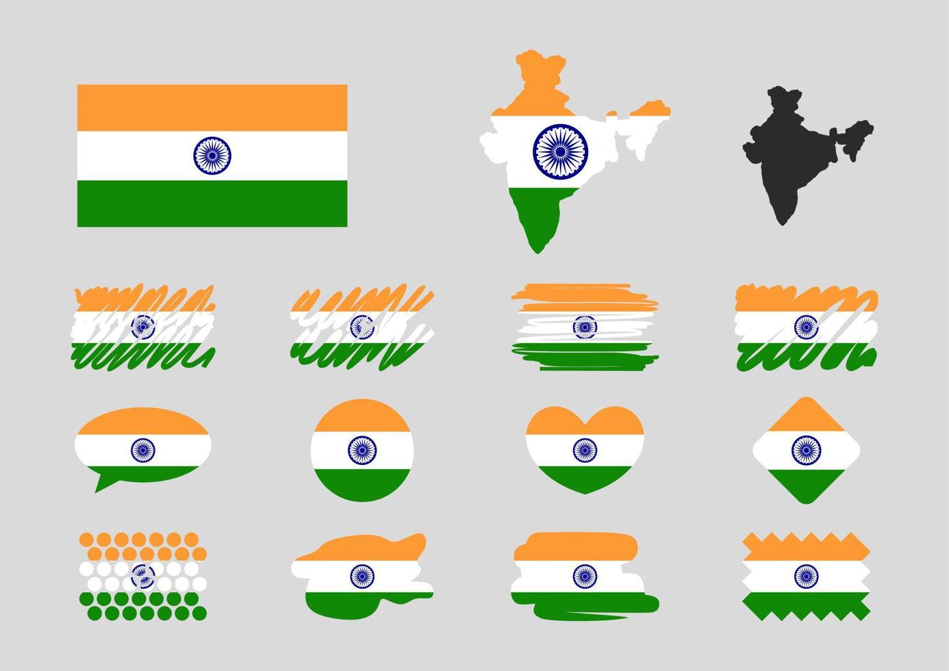 coleção de elementos representativos da Índia. bandeira, mapa, botão, alta costura, fala nuvem, coração, marca, círculo, mão desenhada, linear, losango. coleção, conjunto, grupo. vetor